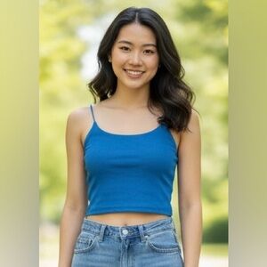 Blue cropped top with lining, thin straps, size Small